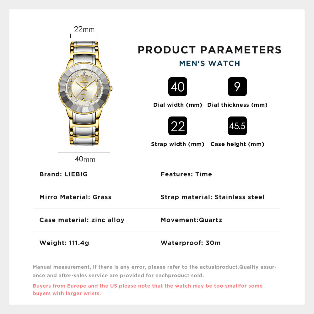 LIEBIG L1035 Men's Original Stainless Steel Quartz Watch Waterproof Fashion Diamond inlay Business Watch
